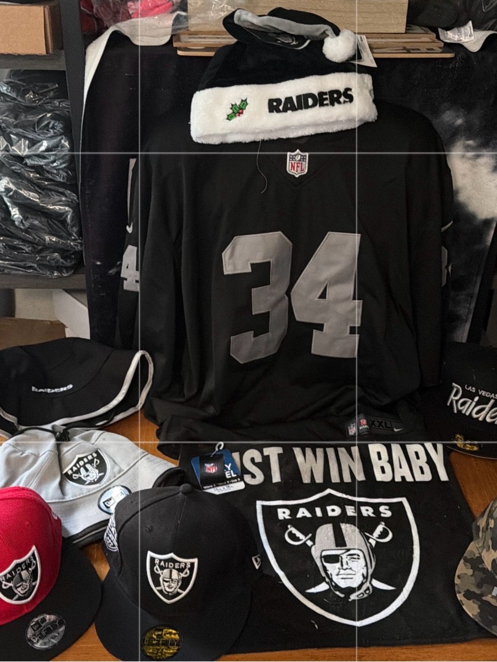 Raiders Bo Jackson 34 jersey cap and just win baby rally towel Game Day bundle
